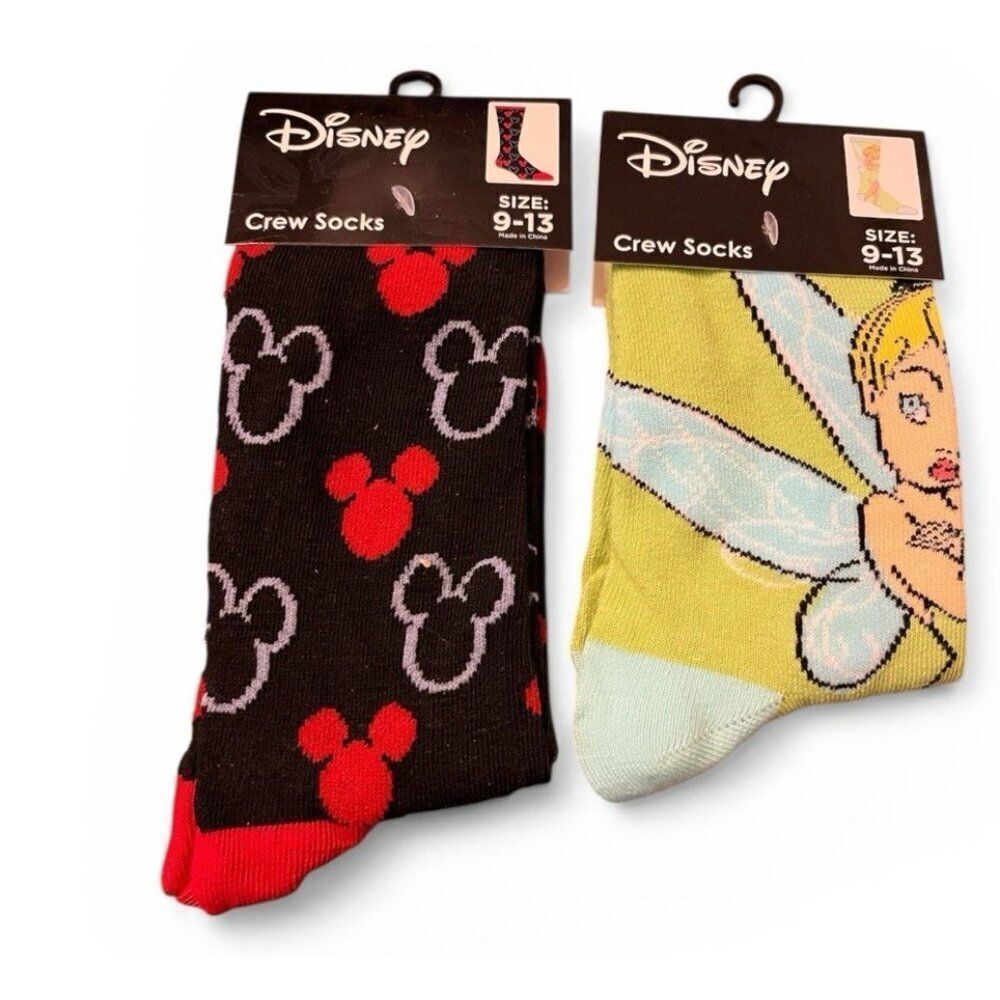 Disney Socks Lot of 2 Mickey Mouse Ears & Tinkerbell Ladies Size 9 - 13 New